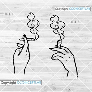 May include: A black and white line drawing of two hands holding a joint with smoke rising from it. The text "FILE 1" and "FILE 2" are visible in the image.