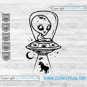May include: Black and white graphic of an alien in a spaceship, with a cow being abducted by a tractor beam. The alien is inside a clear dome. The image includes the text "Copyright CCONCEPTLAB" and "WWW.CCONCEPTLAB.COM".