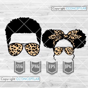 May include: A digital graphic featuring two stylized faces with black hair and sunglasses. One face has an afro and the other has a bun with a leopard print bow. The sunglasses also have a leopard print design. Below are SVG, PNG, EPS, and JPG icons.