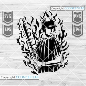 Jugador de béisbol svg / Sports Dad Gift Idea / Batter Flaming Cutfile / Game Day Shirt png / Home Run dxf / Baseball Fan Clipart / Team Coach