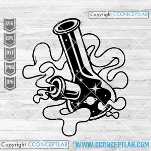 Könnte beinhalten: Schwarz-weiße Grafik eines Laborbechers mit Sternennacht-Design und einem Planeten. Der Becher verschüttet eine Flüssigkeit, mit dem Text "Copyright CCONCEPTLAB" und "WWW.CCONCEPTLAB.COM".