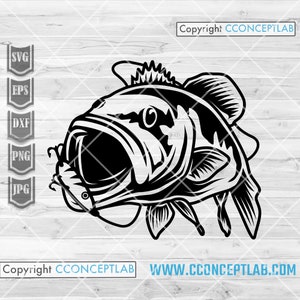 Bass Fish svg / Large Mouth Bass Fishing Clipart / Angler Dad Shirt png / Salt Water Fish dxf / River Angling Stencil / Fisherman Gift Idea