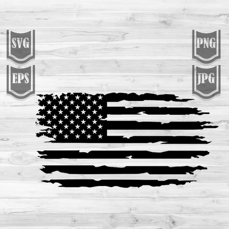 May include: A distressed black and white American flag design. The flag is tattered and worn, with a faded look.