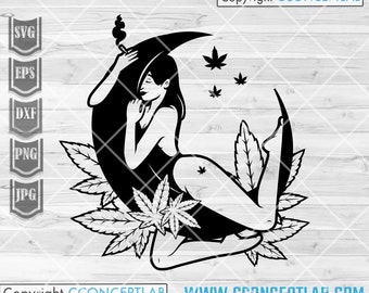 Girl Smoking Weed in Moon svg | Rasta Sexy Woman Cutfile | 420 Shirt png | Cannabis Stencil | Marijuana dxf | Dope Diva Stoner Chic Clipart