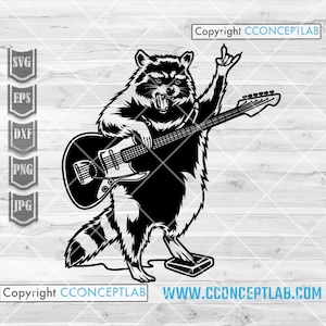 Grappige wasbeer gitaar spelen svg | Gitarist Trashy Animal Clipart | Fat Trash Cat-sjabloon | Rockstar Dad Shirt png | Rocker-gitarist
