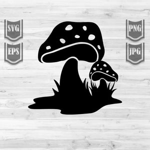 Könnte beinhalten: Schwarze Silhouette von zwei Pilzen mit weißen Punkten auf den Hüten. Der größere Pilz ist im Hintergrund und der kleinere Pilz im Vordergrund. Beide Pilze sitzen auf einem Grasbett.