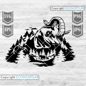 May include: Black and white silhouette of an elephant with its trunk raised, standing in a forest with trees and mountains. The elephant is facing the right side of the image.