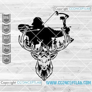 Hirsch Schleife Jagd svg | Jäger Dad Clipart | Geweih Cutdatei | Pfeil und Bogen Schablone | Longhorn Schädel dxf | Western-jpeg | T-Shirt png