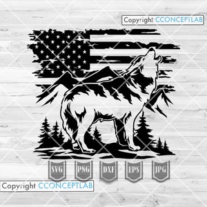 May include: Black and white silhouette of a wolf howling at the moon with a distressed American flag in the background. Mountains and trees are in the foreground.