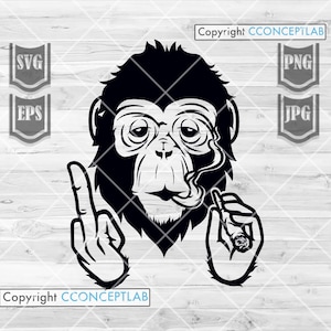 Peut inclure: Illustration en noir et blanc d'un singe portant des lunettes et fumant une cigarette. Le singe fait un doigt d'honneur avec les deux mains. Copyright CCONCEPTLAB.