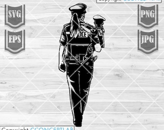Politievrouw met dochter svg | Politie Vrouwen Clipart | Politie Vrouwen Cutfile | Politiemoeder met dochter svg | Blauwe Dunne Lijn svg| Politie svg