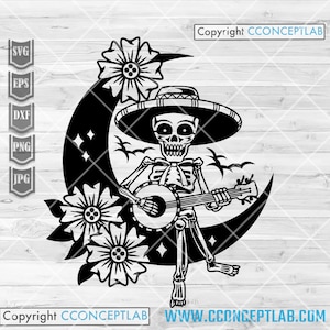 Skull Guitar in Moon svg | Floral Moonshine Clipart | Skeleton Musician Stencil | Skeletal Guitarist dxf | Music Lover Shirt png | Sunflower