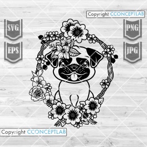 May include: Black and white illustration of a pug dog wearing a floral wreath. The pug is sitting with its tongue sticking out. The wreath is made of flowers and leaves.