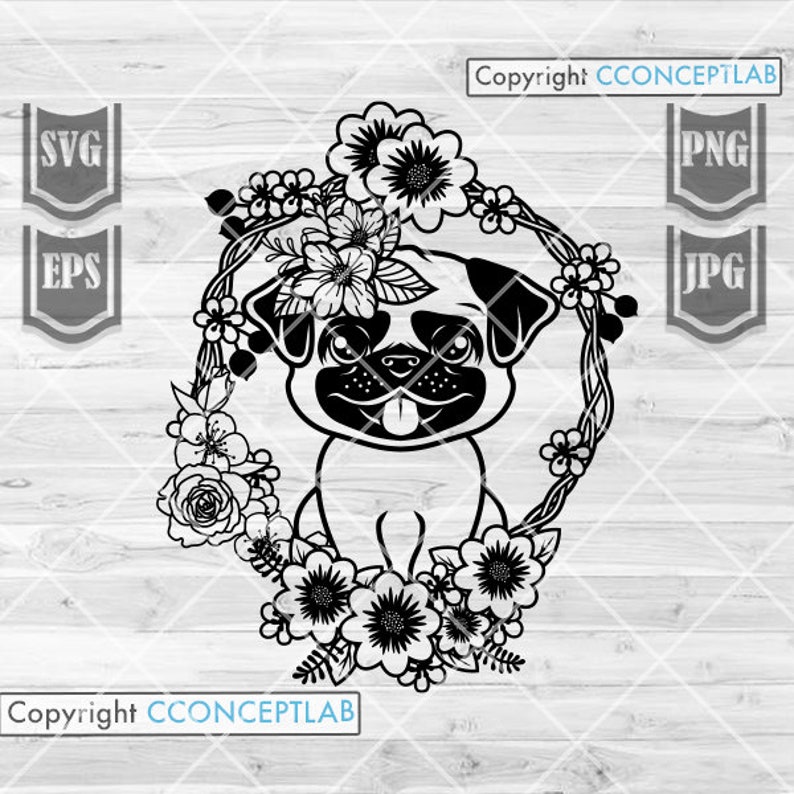 May include: Black and white illustration of a pug dog wearing a floral wreath. The pug is sitting with its tongue sticking out. The wreath is made of flowers and leaves.