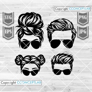 May include: Four black and white silhouette images of people wearing sunglasses. The top left image is a woman with a bun hairstyle. The top right image is a man with short, styled hair. The bottom left image is a woman with two buns. The bottom right image is a man with short, styled hair.
