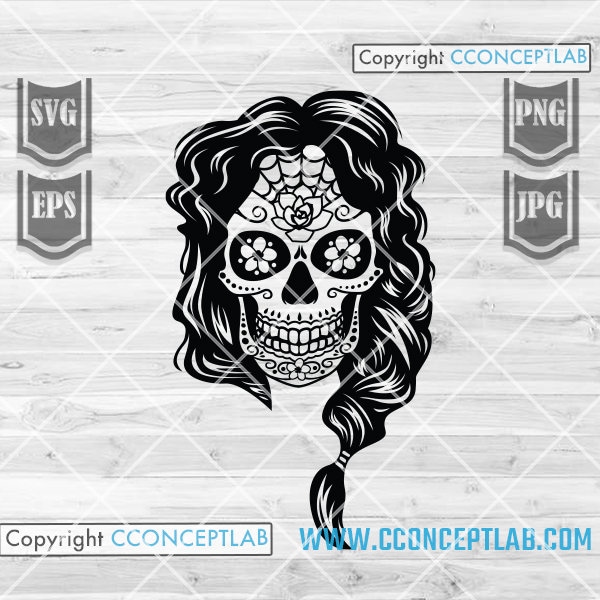 Braided Sugar Skull svg | Afro Catrina Clipart | La Muerta Cufile | Halloween Lady Dead Stencil | Day of the Dead dxf| Angel Death Shirt png