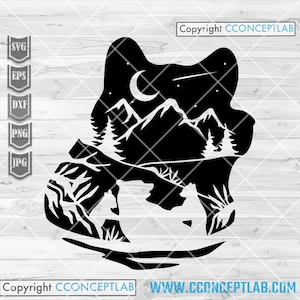 Bear Scene svg | Camping Clipart | CampLife Stencil | Outdoor Shirt png | Mountain Night View dxf | Woodland Animal Cutfile | Wild Life Roar