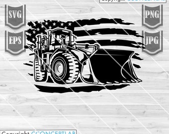 May include: Black and white silhouette of a construction vehicle, a front loader, with a large scoop, driving in front of a distressed American flag.