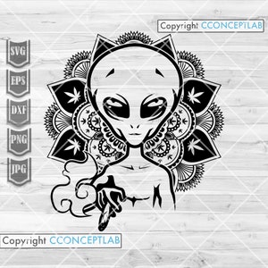 Alien Smoking Weed svg | Hoch wie der Mond Clipart | Cannabis Mandala Plotterdatei | Stoner Rasta UFO dxf | Kush Shirt png | Rollgelenk Stumpf