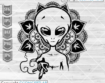Alien Smoking Weed svg | High as the Moon Clipart | Cannabis Mandala Cut File | Stoner Rasta UFO dxf | Kush Shirt png | Rolling Joint Blunt