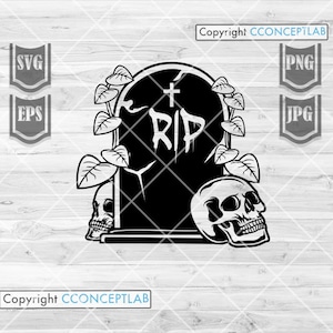 May include: Black and white illustration of a tombstone with the word "RIP" on it. The tombstone is surrounded by vines and two skulls.