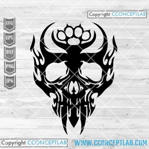 May include: Black tribal skull design with flame accents and a paw print above. The design includes sharp teeth and the text "Copyright CCONCEPTLAB" and "WWW.CCONCEPTLAB.COM".