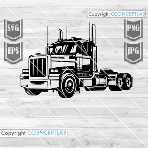 May include: Black and white illustration of a semi-truck with a flatbed trailer. The truck has a large cab with a windshield and two headlights. The trailer is empty.