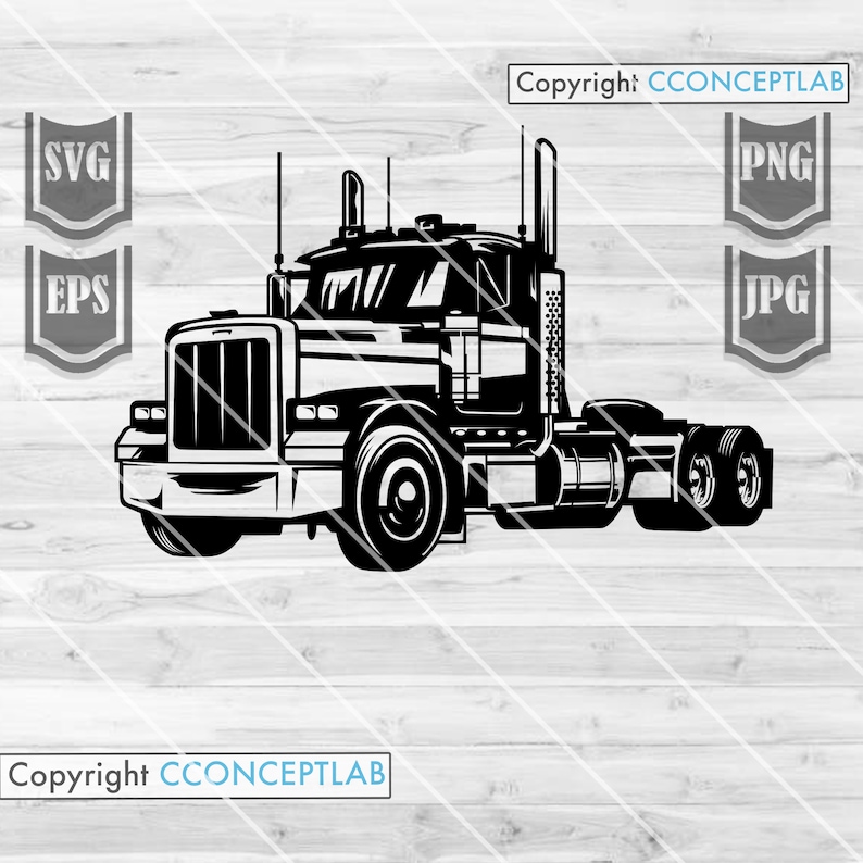 May include: Black and white illustration of a semi-truck with a flatbed trailer. The truck has a large cab with a windshield and two headlights. The trailer is empty.