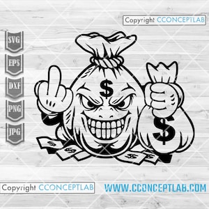 Moneybag Mascot svg / Gangster Rich Clipart / Million Dollar Bag Cutfile / Hippie Billionaire Middle Finger Stencil / Money Bag Shirt png