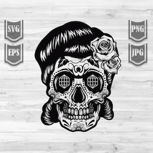 Floral Sugar Skull svg | Lady Dead Clipart | La Muerta Cut File | Catrina Stencil | Candy Skull dxf | Day of the Dead png | Flower Skeleton
