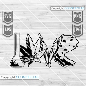 Pode incluir: Ilustração em preto e branco de uma folha de marijuana, um bong e um béquer. A imagem inclui o texto "Copyright CONCEPTLAB".