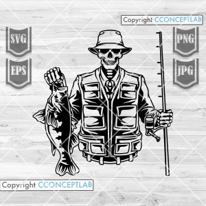 Fisherman Skull svg / Angler Dad Shirt png / Fishing Day Stencil / Lake Angling Cutfile / River Hook dxf / BassFish Clipart / Bass Fish jpeg