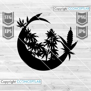 Peut inclure: Silhouette noire de feuilles de cannabis formant un croissant de lune. Le design comprend des icônes de type de fichier SVG, EPS, PNG et JPG. Le texte "Copyright CCONCEPTLAB" est présent.