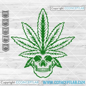 Puede incluir: Ilustración vectorial verde de una hoja de cannabis combinada con una calavera. El diseño incluye el texto "Copyright CCONCEPTLAB" y "WWW.CCONCEPTLAB.COM". También se incluyen iconos de tipo de archivo SVG, EPS, DXF, PNG y JPG.