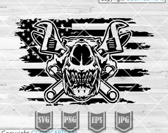 Meccanico svg / Bandiera degli Stati Uniti Teschio di animale americano Chiavi inglesi da meccanico svg / Testa di bestia selvaggia Clipart / Stencil di strumenti da meccanico / Chiave inglese incrociata svg