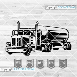 Puede incluir: Silueta en blanco y negro de un camión cisterna. El camión tiene un gran tanque de combustible y una cabina con un parabrisas grande. El camión está sobre un fondo blanco.