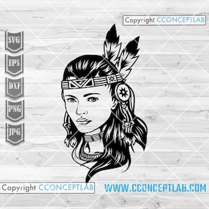 Chica india svg / Plantilla nativa americana / Archivo de corte de Old America / Clipart de tocado de plumas / Ancient Lady Warrior dxf / USA Patriotic png