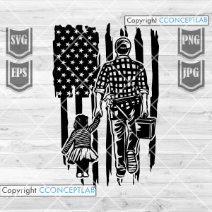 May include: Black and white silhouette of a father and daughter walking hand-in-hand in front of an American flag. The father is carrying a toolbox and the daughter is wearing a dress. The text "Copyright CONCEPTLAB" appears at the bottom of the image.