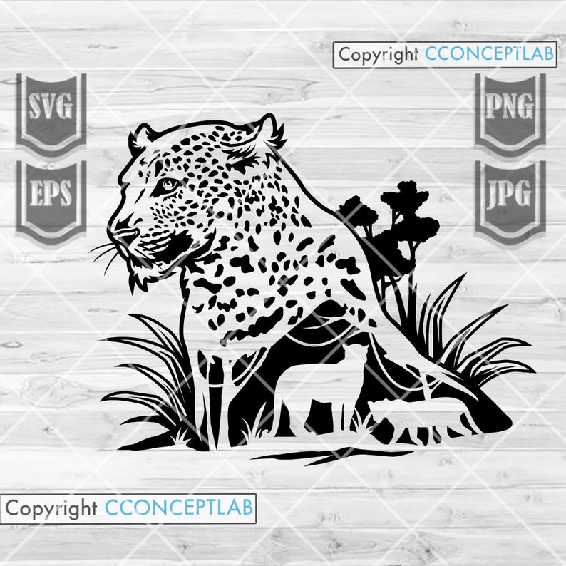 May include: Black and white silhouette of a leopard standing in a grassy area with trees in the background. The leopard is facing to the right and has a spotted pattern.