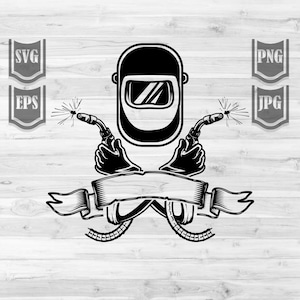 Puede incluir: Ilustración en blanco y negro de un soldador con una máscara de soldar y sosteniendo dos antorchas de soldar. El soldador está de pie frente a una pancarta con un espacio en blanco para texto.