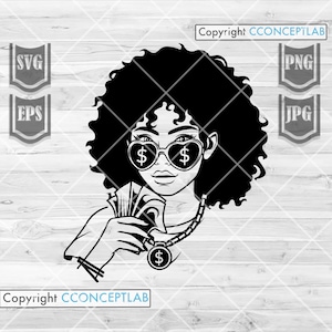 Curly Black American with Money svg / Paper US Dollar Bill Clipart / Rich Kid Cutfile / Pretty Wealthy Lady Stencil / Dollar Sign Shirt png