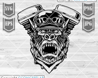 Biker svg | Gorilla svg | Wild Animal Cut File | Beast Rider Clipart | Extreme Sports Stencil | Motorcycle Parts Shop Monogram | Bike Rally