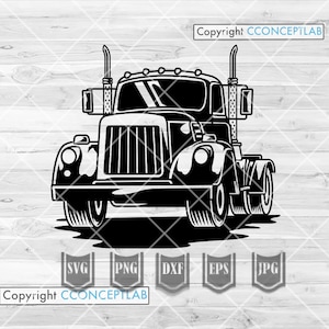 Puede incluir: Ilustración en blanco y negro de un camión semi-remolque vintage. El camión tiene una parrilla grande, faros y una cabina con un parabrisas. El camión está mirando hacia adelante y tiene un remolque de plataforma.