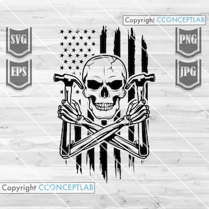 US Carpenter Skull svg | Hammer Clipart | Home Builders Gift Idea | Construction Cut File | Repair Dad Shirt png| Carpentry Monogram Stencil