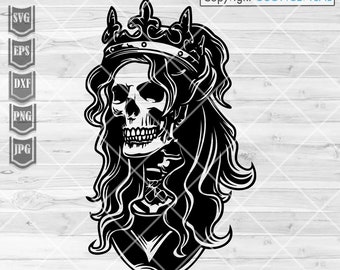 Reina calavera svg / Dama muerte clipart / Archivo de corte de calavera de azúcar / Camiseta de Halloween png / Princesa gótica dxf / Cabeza esquelética de terror / Cara de esqueleto