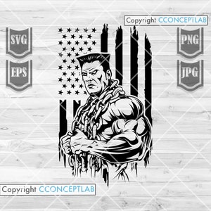 Könnte beinhalten: Schwarz-weiß-Illustration einer muskulösen Figur mit Ketten, die vor einer amerikanischen Flagge steht. Die Figur steht mit gekreuzten Armen nach vorne. Die Flagge befindet sich im Hintergrund und hat einen verwitterten, grunge-artigen Effekt.