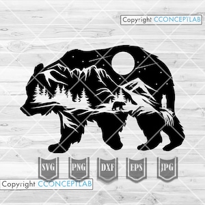 Bear Wilderness svg | Wild Grizzly Clipart | Traveler Shirt png | Outdoor Scene Cut File | Camp Life dxf | Camping View Stencil| Mountaineer