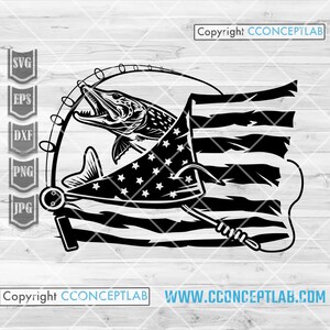 Pesca de lucio en EE. UU. svg / Camisa de papá pescador png / Plantilla de pesca en lago / Archivo de corte de peces de agua dulce / Clipart de campamento al aire libre en río / Línea de caña dxf