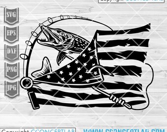 US Pike Fishing svg | Angler Dad Shirt png | Lake Angling Stencil | Fresh Water Fish Cutfile | Outdoor River Camping Clipart | Rod Line dxf