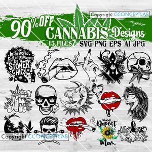 Könnte beinhalten: Eine Sammlung von schwarz-weißen Designs zum Thema Cannabis, darunter rauchende Lippen, ein Totenkopf mit Sonnenbrille und eine Hand, die einen Joint hält. Der Text enthält "90% OFF CANNABIS Designs".